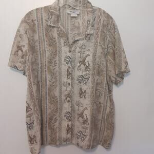 Vtg Paradise Bay Button Up Shirt Womens XL Beige Safari Animals Hawaiian
